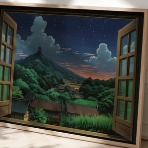 Studio Ghibli style poster depicting a wooden open window through which you can see an asian rural landscape full of trees and japanese houses and a mountain far away with a building on the top at nightime, the print hangs in a home office
