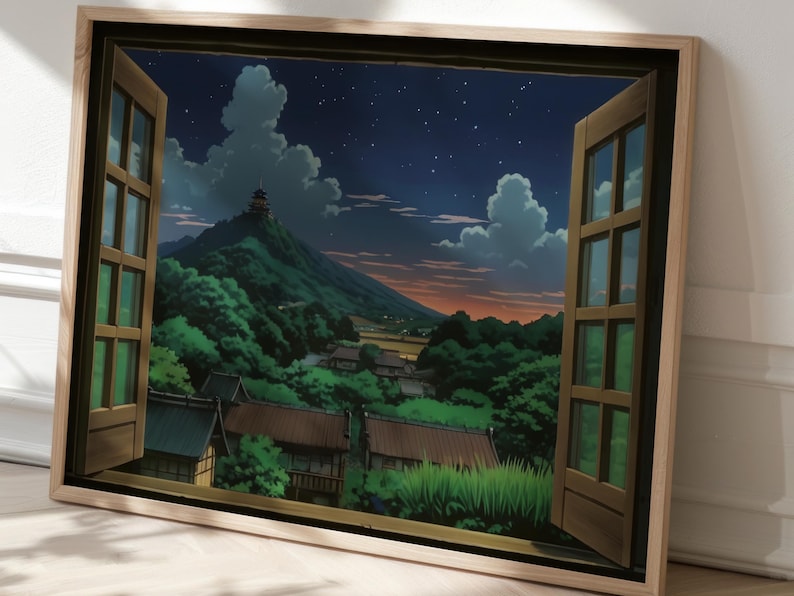 Studio Ghibli style poster depicting a wooden open window through which you can see an asian rural landscape full of trees and japanese houses and a mountain far away with a building on the top at nightime, the print hangs in a home office