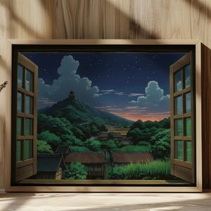 Studio Ghibli style poster depicting a wooden open window through which you can see an asian rural landscape full of trees and japanese houses and a mountain far away with a building on the top at nightime, the sky is starry
