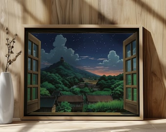 Studio Ghibli Poster Style Night View Through Window Anime Poster Ghibli Art Style Digital Download Asian Landscape Japanese Decor