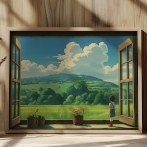Studio Ghibli Poster Style Girl Looking Through Window Anime Poster Ghibli Art Style Asian Landscape Japanese Decor Downloadable Print