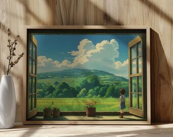 Póster de Studio Ghibli con chica mirando por la ventana, póster de anime, estilo artístico Ghibli, paisaje asiático, decoración japonesa, impresión descargable