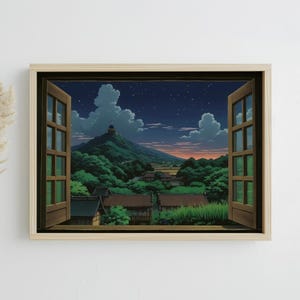 Studio Ghibli style poster depicting a wooden open window through which you can see an asian rural landscape full of trees and japanese houses and a mountain far away with a building on the top at nightime, the print hangs in a living room