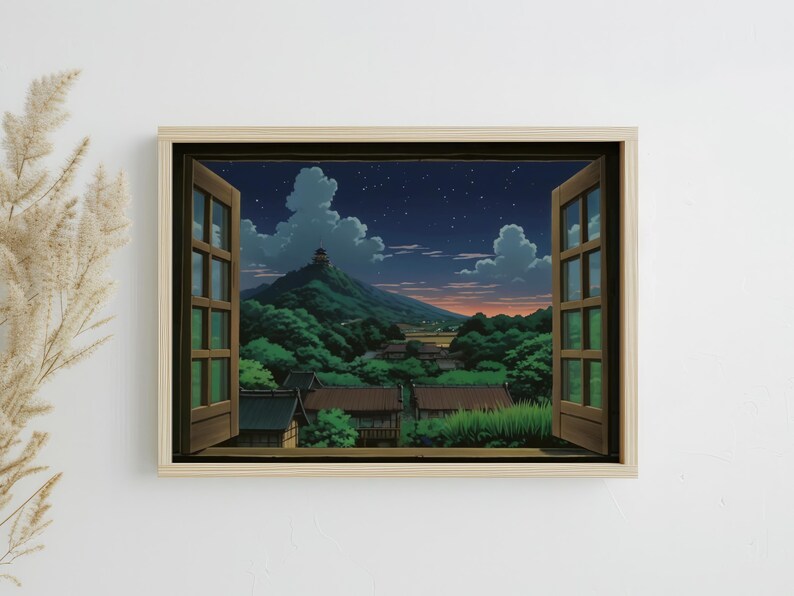 Studio Ghibli style poster depicting a wooden open window through which you can see an asian rural landscape full of trees and japanese houses and a mountain far away with a building on the top at nightime, the print hangs in a living room