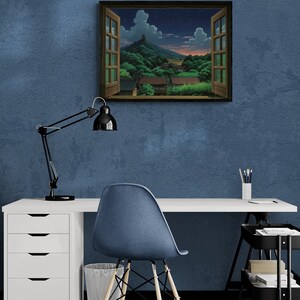 Studio Ghibli style poster depicting a wooden open window through which you can see an asian rural landscape full of trees and japanese houses and a mountain far away with a building on the top at nightime, the print hangs in an office