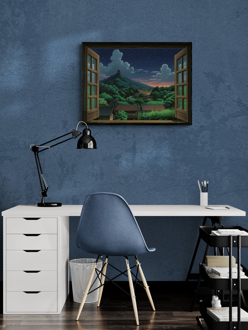 Studio Ghibli style poster depicting a wooden open window through which you can see an asian rural landscape full of trees and japanese houses and a mountain far away with a building on the top at nightime, the print hangs in an office