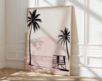 Retro Beach Wall Art Summer Decor Coastal Wall Art Pink Poster Downloadable Print Palm Trees Drawing Poster Printable Housewarming Gift