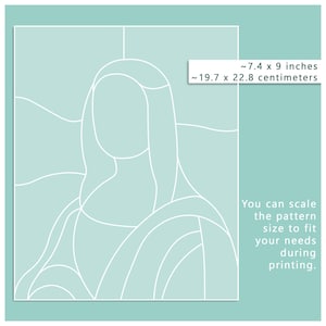 K&ouml;nnte beinhalten: Eine Linienzeichnung der Mona Lisa, ein ber&uuml;hmtes Gem&auml;lde von Leonardo da Vinci. Das Bild ist in hellblau mit wei&szlig;en Linien gehalten. Das Bild ist etwa 7,4 Zoll mal 9 Zoll gro&szlig;, oder 19,7 Zentimeter mal 22,8 Zentimeter. Sie k&ouml;nnen die Gr&ouml;&szlig;e des Musters an Ihre Bed&uuml;rfnisse anpassen, wenn Sie es ausdrucken.