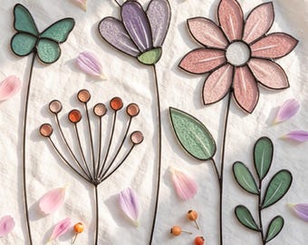 Spring Flowers Stained Glass Patterns 2, Flower Bouquet, Wildflowers, Butterfly, Leaves, Diy Modern Suncatcher