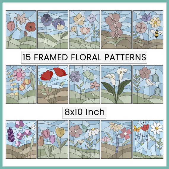 15 Framed Floral Stained Glass Patterns, 8x10 Inch (PDF/JPEG Bundle)