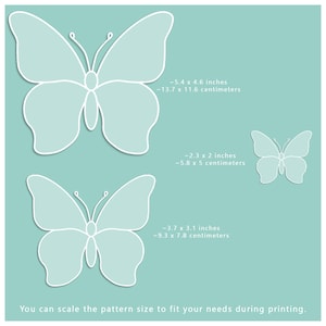 May include: Three white butterfly outlines on a light blue background. The butterflies are different sizes. The text below the butterflies reads: "You can scale the pattern size to fit your needs during printing."