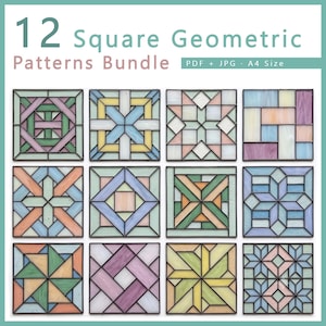 May include: A digital bundle of 12 square geometric patterns featuring stained glass style designs in pastel colors. The text reads 12 Square Geometric Patterns Bundle PDF + JPG A4 Size. Each square displays unique grid-based arrangements.