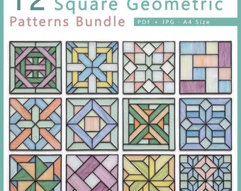 12 geometrische glas-in-loodpatronen | Vierkante Suncatcher-bundel (pdf/jpeg)