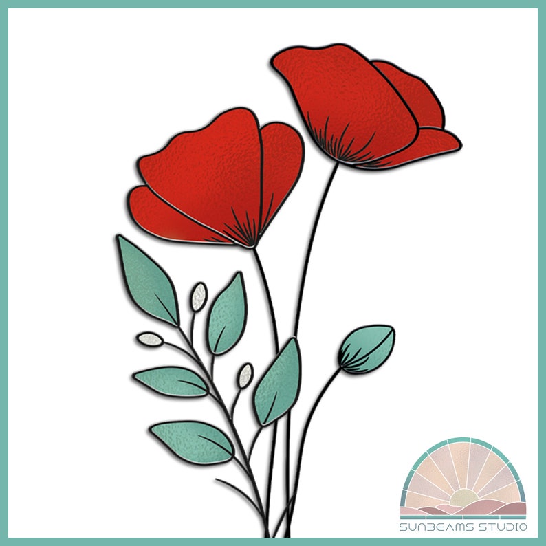 May include: A digital illustration of red poppies with green leaves and stems on a white background.