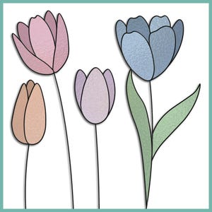 May include: Four stylized tulips in different colors: pink, light brown, light purple, and blue. The tulips are outlined in black and have a textured, stained glass look.