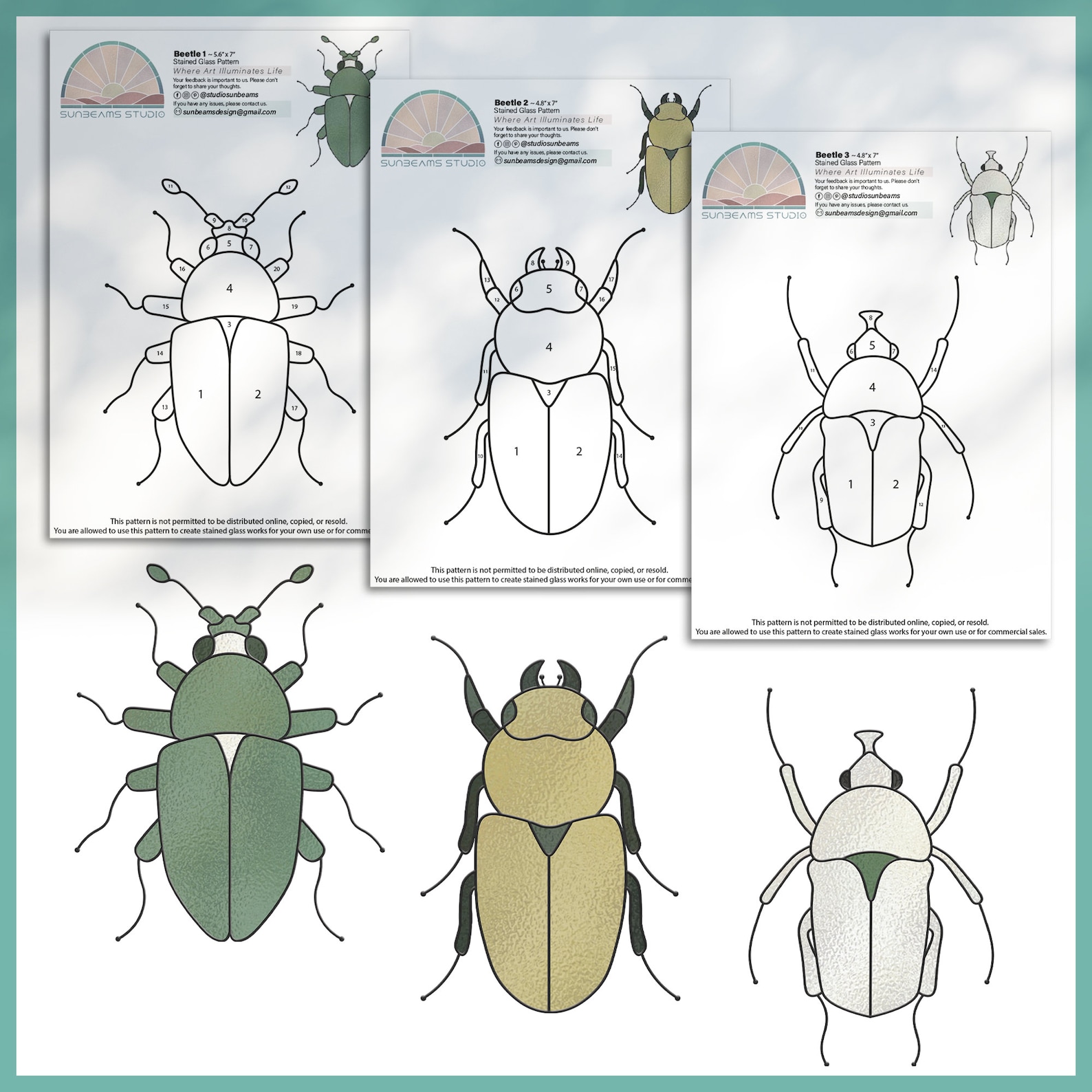 3 Beetles Stained Glass Patterns Bundle, Insect Modern Suncatcher Pack ...