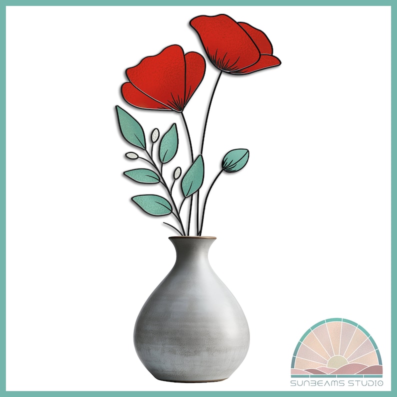 May include: A gray ceramic vase with a rounded body holds a bouquet of red poppies and green leaves.