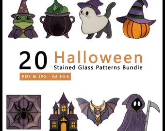 20 Halloween Stained Glass Patterns Bundle | Suncatcher DIY (PDF/JPEG)