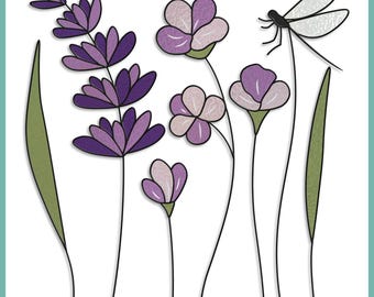 Purple Floral Stained Glass Pattern: Lavender, Dragonfly (PDF & JPEG)