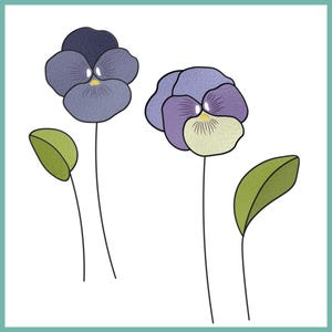 Peut inclure: Trois pensées violettes et blanches avec des feuilles vertes sur un fond blanc. Les pensées ont un centre jaune et sont dessinées de manière simple et stylisée.