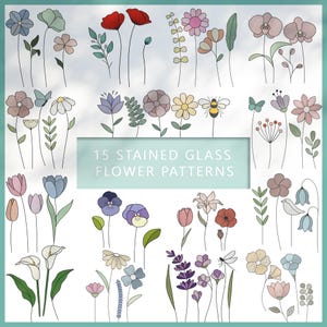 15 Flower Pattern Bundle, Floral Stained Glass Patterns (PDF/JPEG)
