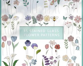 15 Flower Pattern Bundle, Floral Stained Glass Patterns (PDF/JPEG)