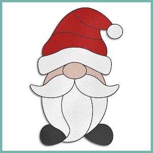 May include: A stained glass design of a Christmas gnome. The gnome has a red hat with a white trim and a white pom-pom. It has a white beard and mustache, a tan nose, and black shoes. The design is outlined in black.