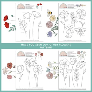May include: A printable pattern for stained glass flowers. The pattern includes three different flower designs: poppy flowers, botanical flowers, and a flower bouquet. Each design is numbered and includes measurements in inches. The text "Have you seen our other flowers pattern?" is at the bottom of the page.
