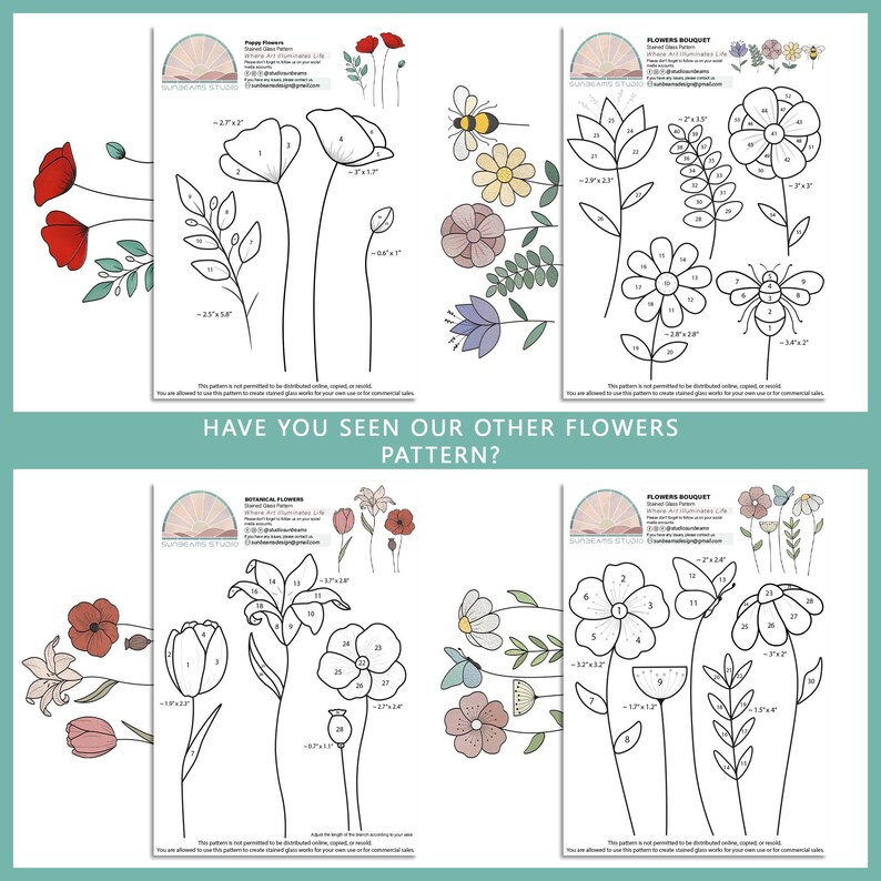 May include: A printable pattern for stained glass flowers. The pattern includes three different flower designs: poppy flowers, botanical flowers, and a flower bouquet. Each design is numbered and includes measurements in inches. The text "Have you seen our other flowers pattern?" is at the bottom of the page.
