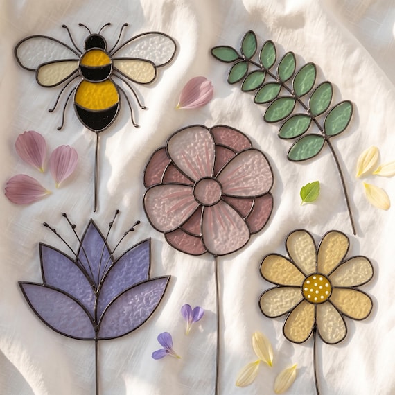 Flower Bouquet Stained Glass Pattern: Snowdrop, Bee, Zinnia (PDF