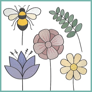 May include: A digital illustration of a bee, a pink flower, a purple flower, a yellow flower, and a green leafy branch.