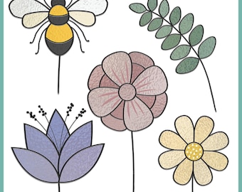 Flower Bouquet Stained Glass Pattern: Snowdrop, Bee, Zinnia (PDF/JPEG)
