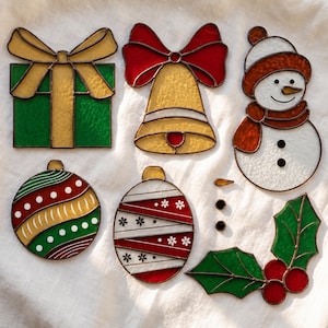 Stained Glass Christmas Ornaments Pattern, Christmas Baubles: Bell, Snowman, Tree (PDF/JPEG)
