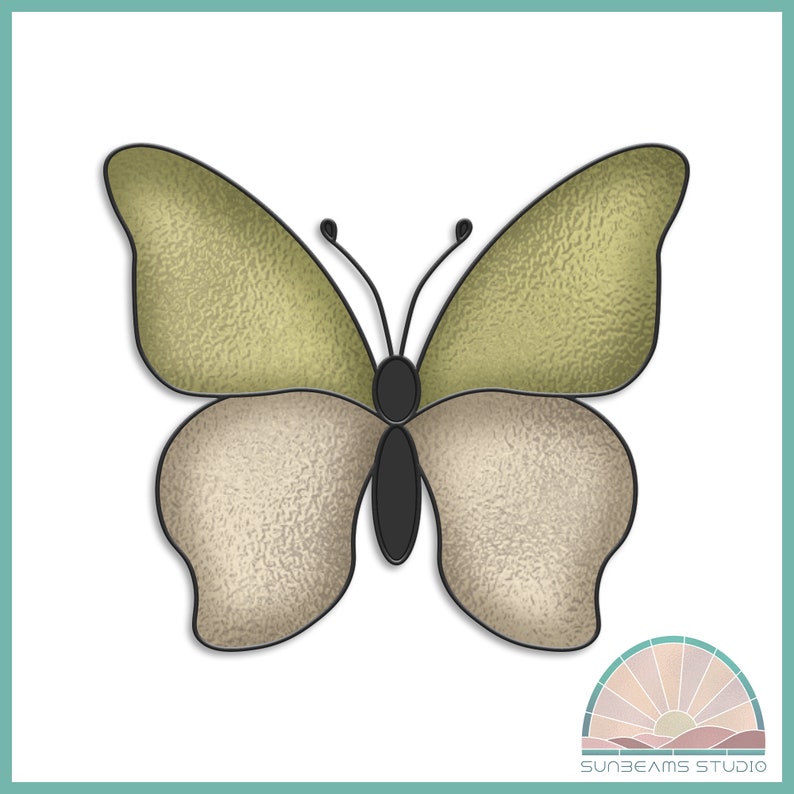 May include: A green and beige butterfly with black outlines. The butterfly has a textured appearance, giving it a stained glass look.