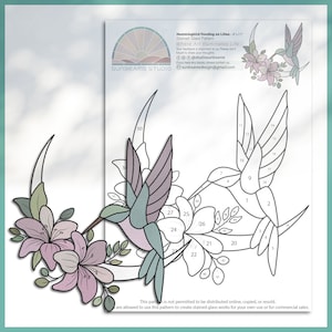 Hummingbird Feeding on Lilies on the Crescent Moon Stained Glass Pattern, Modern Suncatcher, Diy Stained Glass