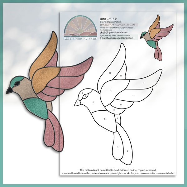 Bird Stained Glass Pattern, Modern Suncatcher, Diy Stained Glass