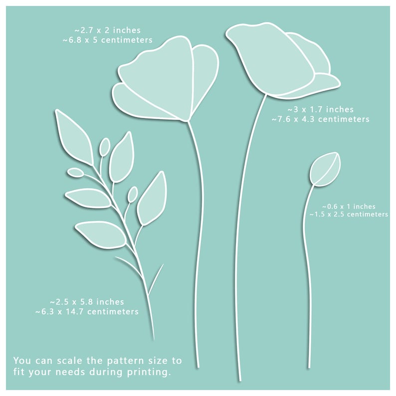 May include: A digital illustration of three white flowers on a light blue background. The flowers are outlined in white and have a shadow effect. The image includes measurements in inches and centimeters for each flower.