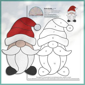 May include: A stained glass pattern featuring a Santa Gnome design. The image shows a detailed outline of a gnome with a red hat, white beard, and a numbered diagram. The text "Santa Gnome - 6" x 9" Stained Glass Pattern" is visible.