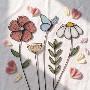 Può includere: Una collezione di decorazioni da giardino in vetro colorato con un grande fiore rosa polvere, una farfalla azzurra, un piccolo fiore a ventaglio, uno stelo con foglie verdi e una margherita bianca con centro giallo, circondati da petali sparsi.