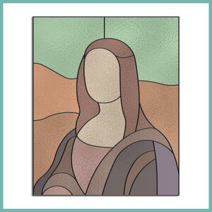 K&ouml;nnte beinhalten: Eine Illustration im Stil eines Buntglasfensters einer Frau mit langen braunen Haaren, die ein braunes und violettes Kleid tr&auml;gt. Der Hintergrund ist in gedeckten Gr&uuml;n- und Braunt&ouml;nen gehalten.