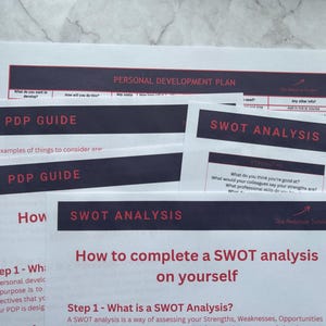 May include: A close-up of a white sheet of paper with the text "SWOT ANALYSIS" in red and black. The text "How to complete a SWOT analysis on yourself" is also in red and black. The text "Step 1 - What is a SWOT Analysis?" is in black. The text "A SWOT analysis is a way of assessing your Strengths, Weaknesses, Opportunities" is in black.