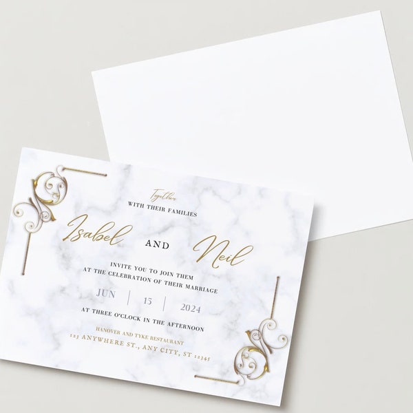 Marble and Gold | Wedding Invitation Template | Invitation Template | 7x5 Editable Printable Invitation