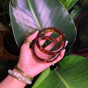 May include: Two brown and amber plastic bangles stacked on top of each other. The bangles are round and have a glossy finish.