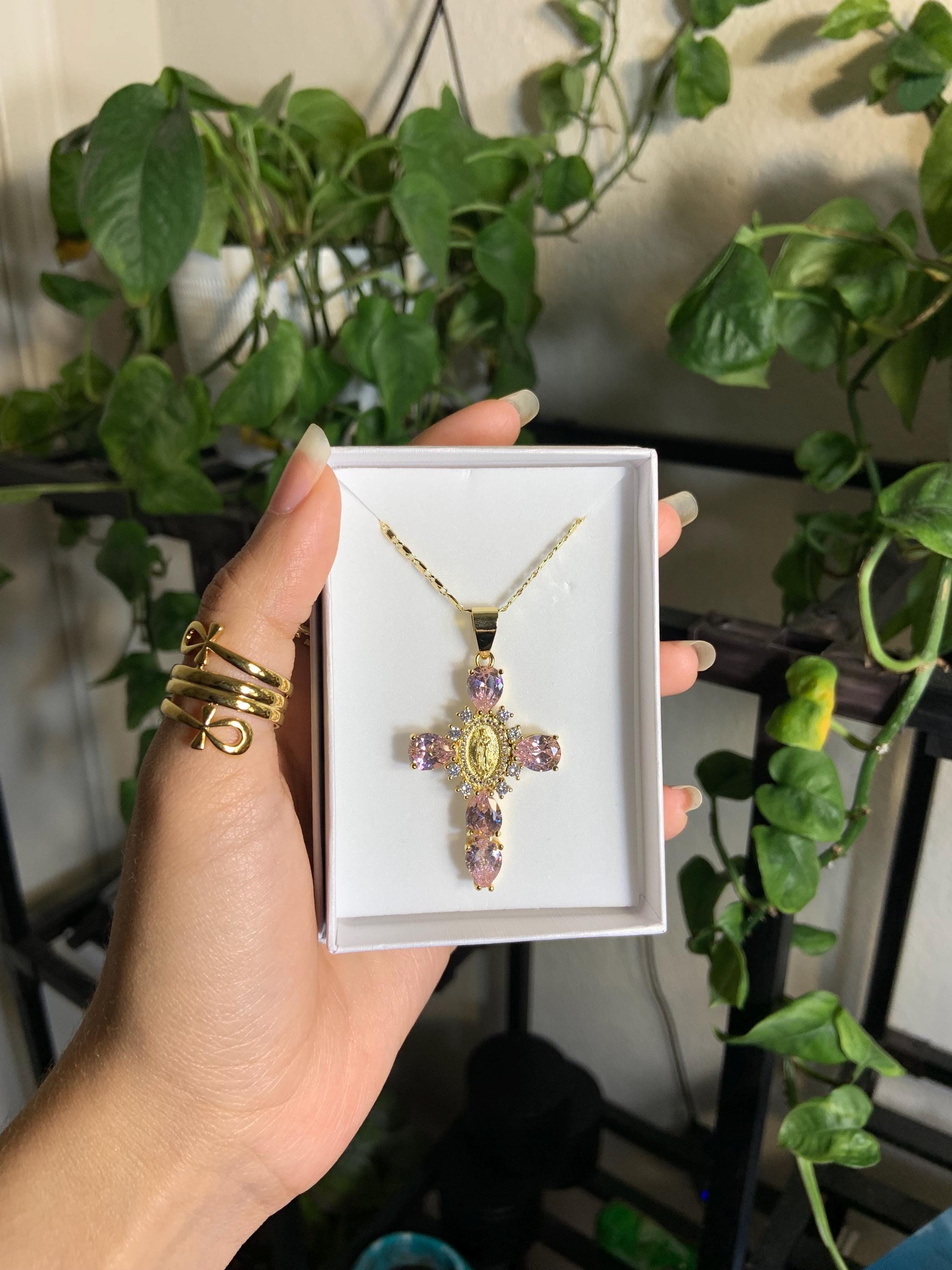 Gold Plated Virgin Mary Cross Necklace with Pink Quartz