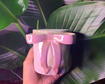 Handmade Ceramic Mug: Pink Bow Handle, Iridescent Coquette Cup