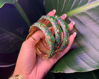 Green and Gold Bangle: Boho Goddess Bracelet (7.4 Inches) Different Color Options