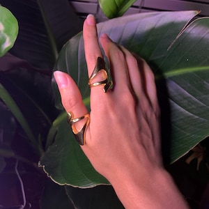 May include: Two gold rings with an abstract design. The rings are worn on the index and middle fingers of a hand.