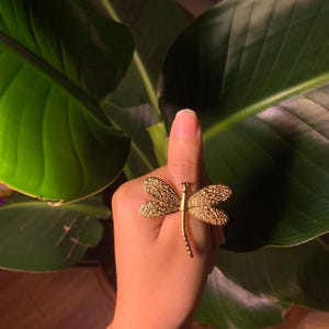 May include: A gold-toned dragonfly ring with intricate details. The ring is worn on a finger and the dragonfly's wings are spread out.