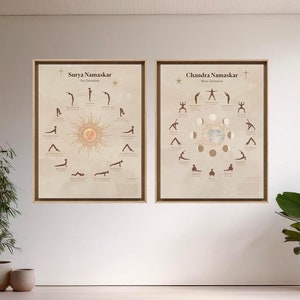 encadrées de la salutation au soleil et à la lune | Affiches de Surya Namaskar et Chandra Namaskar | Décoration de salle de méditation