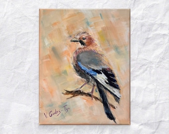 Encantadora pintura acrílica de Jay: Retrato de pájaro del Jardín de Cornélia (30 x 40 cm)
